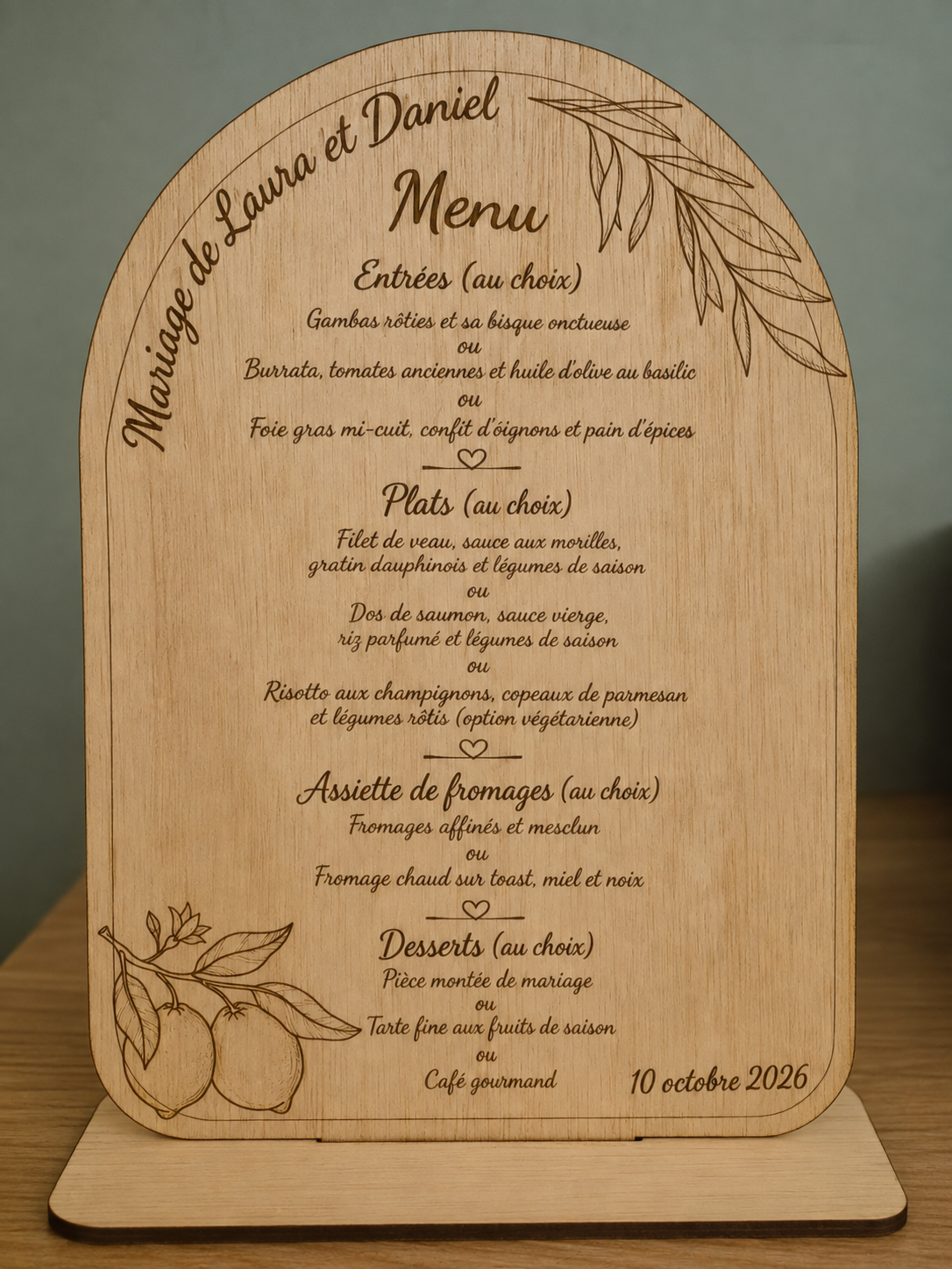 Menu de Mariage Personnalisé en Bois Gravé – Prénoms, Date & Menu sur Mesure