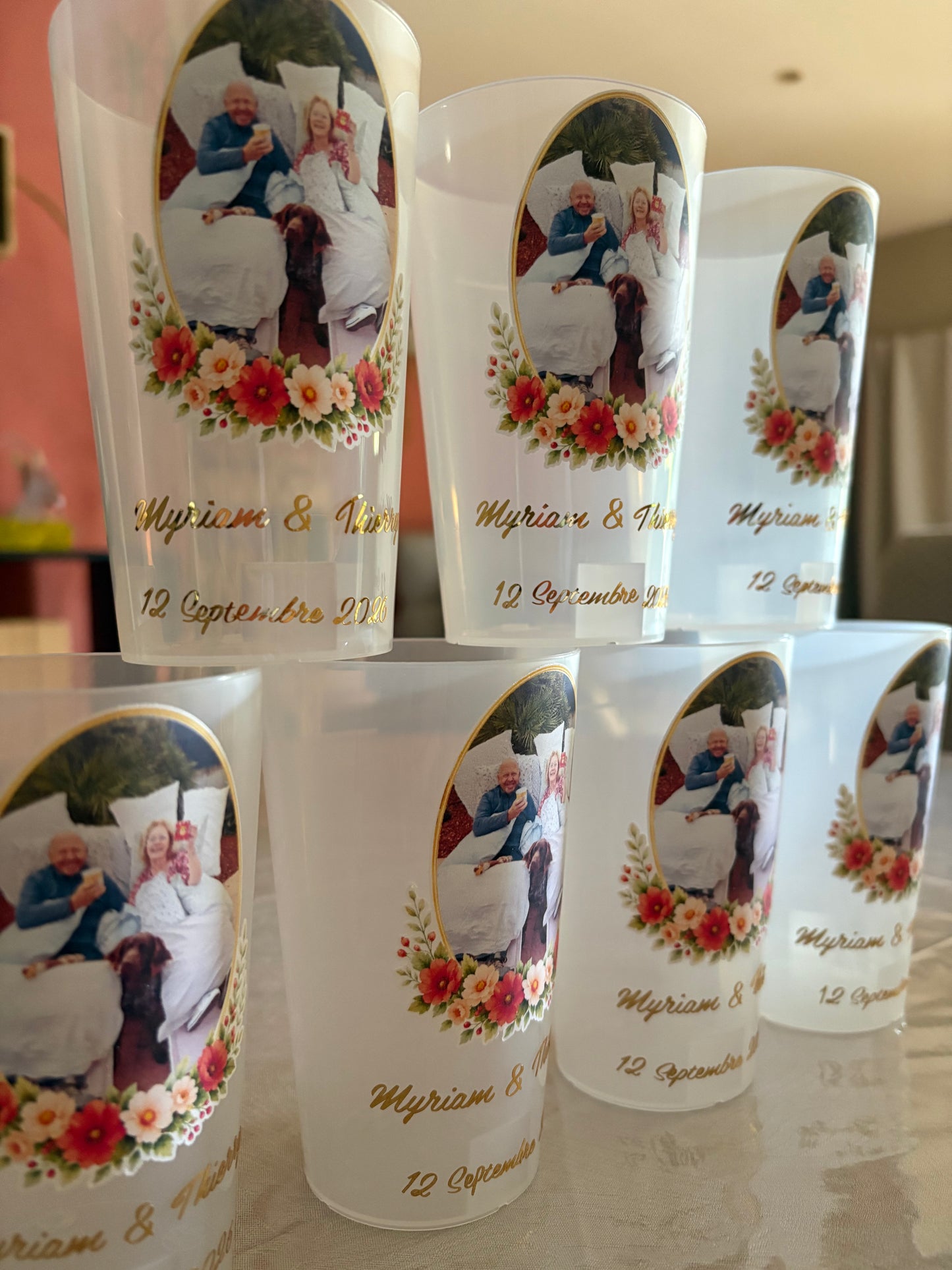Gobelets personnalisés photo · Gobelet mariage photo · Cadeau personnalisé · Prénoms et date ·