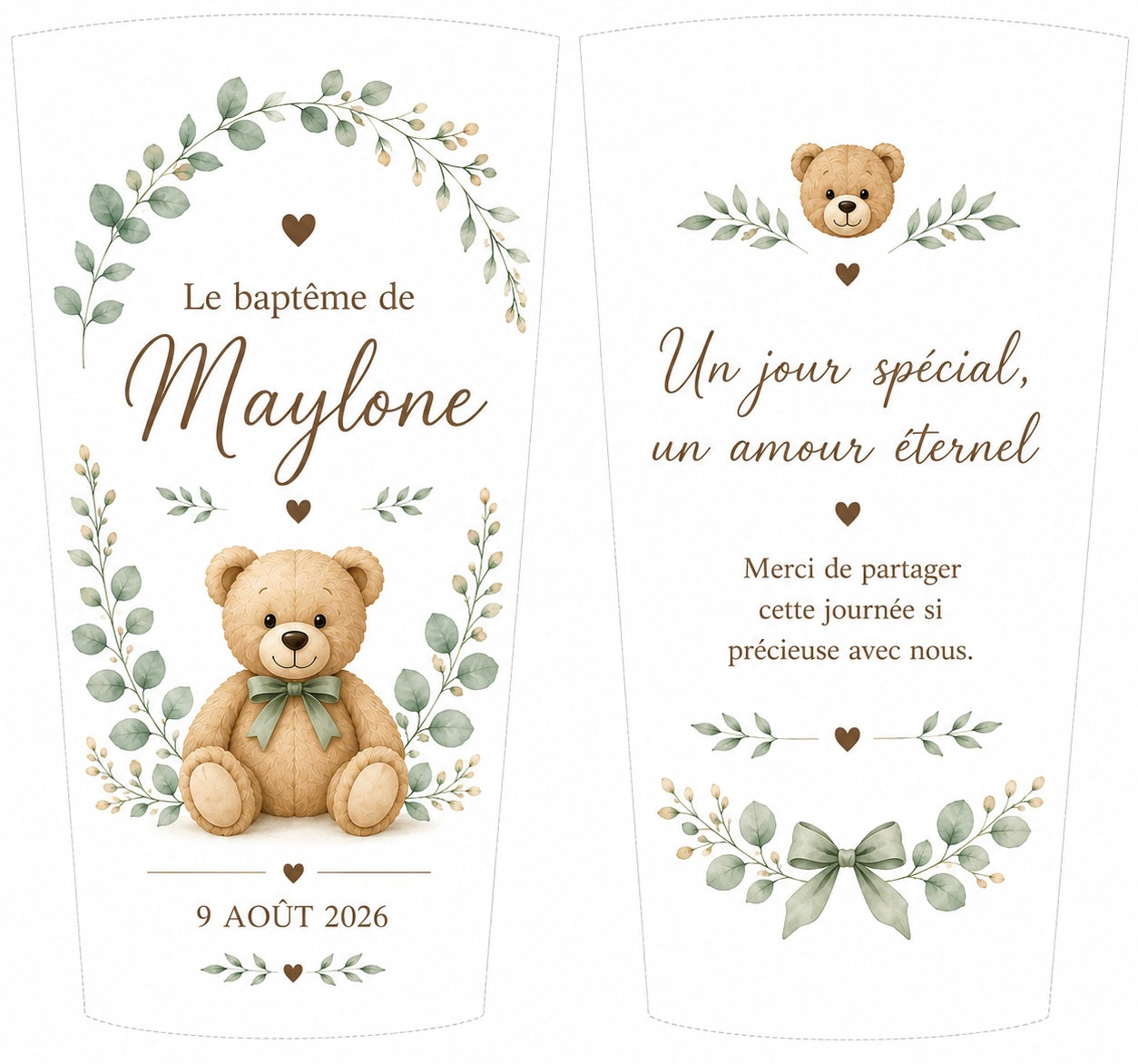 Gobelet personnalisé baptême Ourson & Eucalyptus – Écocup prénom et date