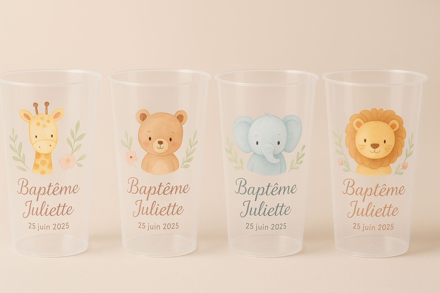 Gobelet Baptême Personnalisé – Thème Animaux (300 ml)
