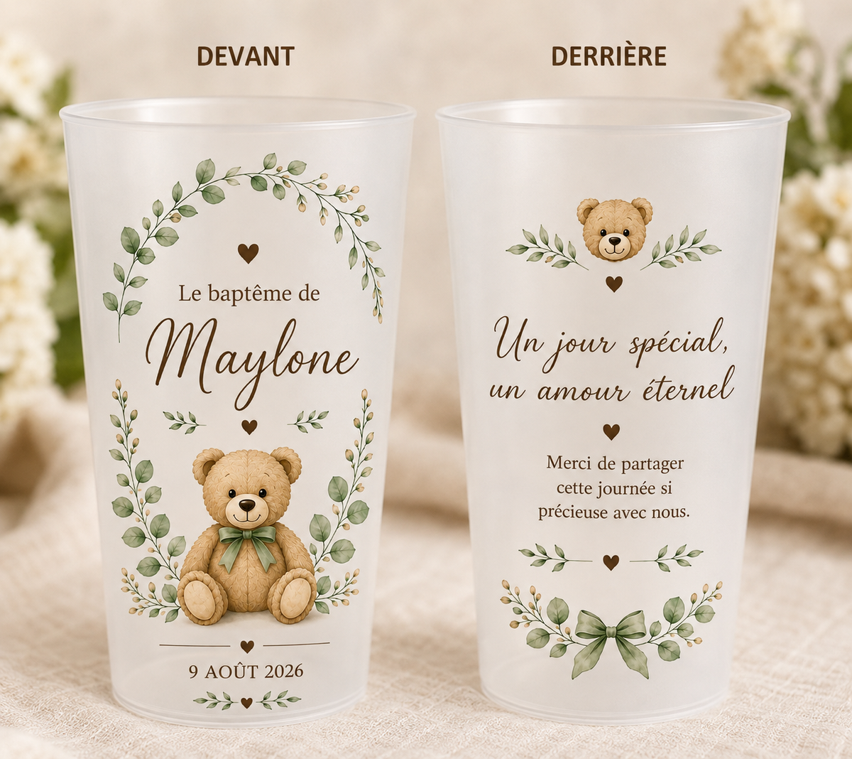 Gobelet Baptême Ourson Eucalyptus Écocup Personnalisé Prénom Date – Fait Main