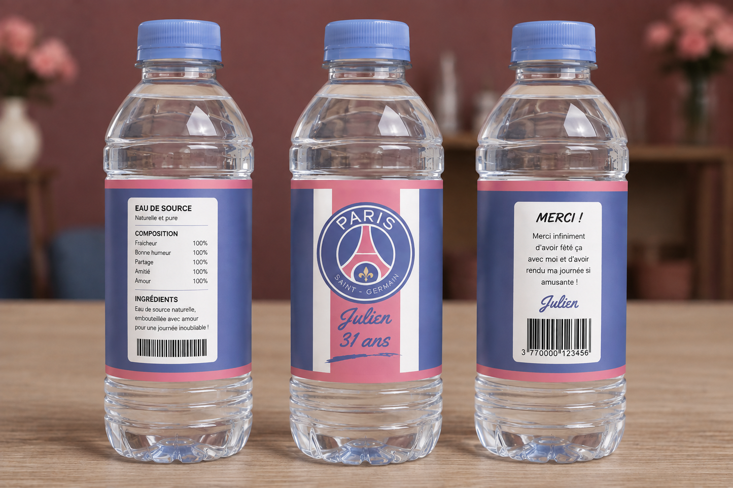 Petite bouteille d’eau personnalisée PSG – Prénom et âge | Anniversaire Football