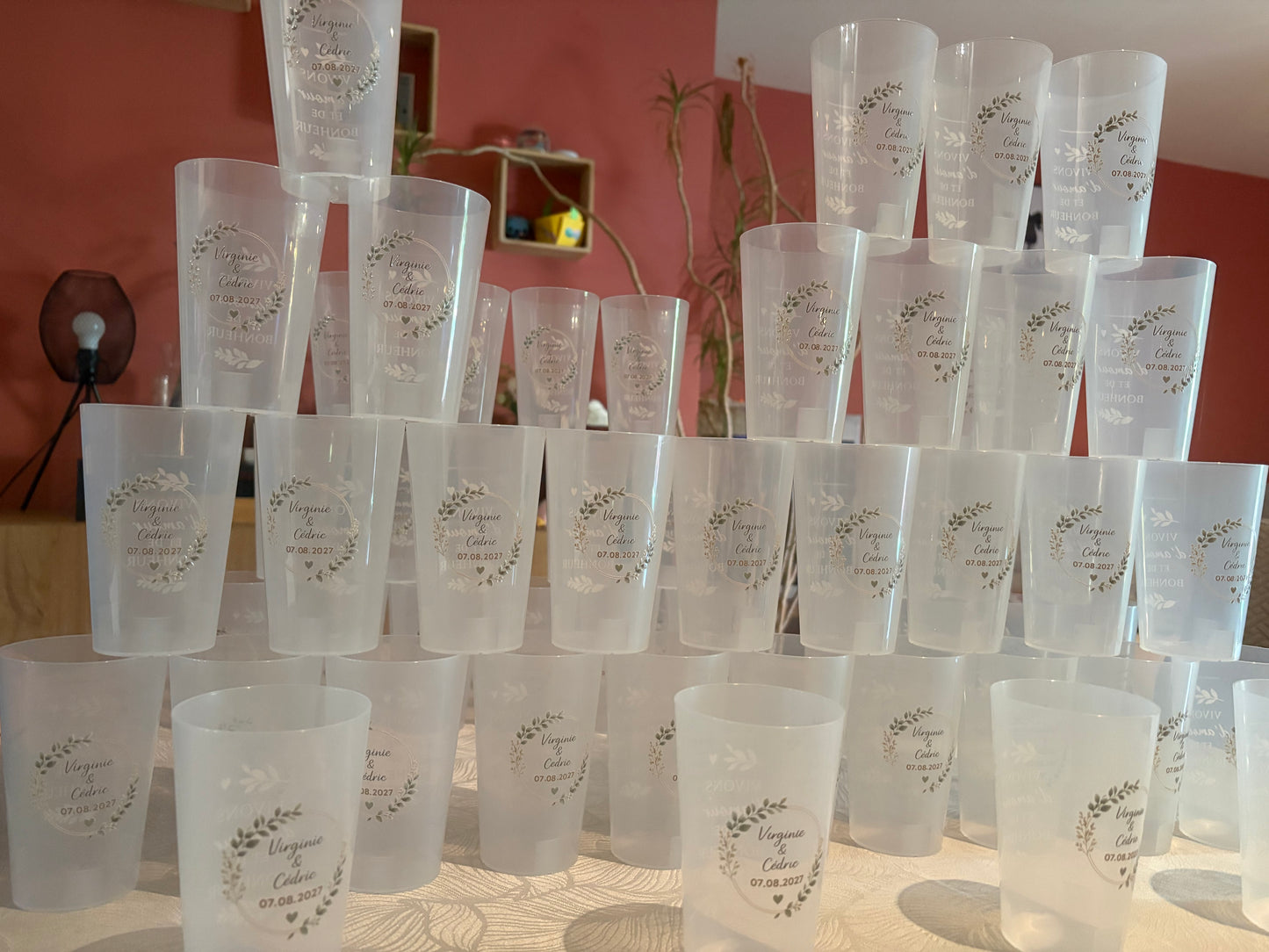 Gobelet personnalisé mariage vert et beige