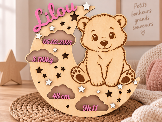 Plaque de naissance personnalisée en bois – Ourson sur la lune