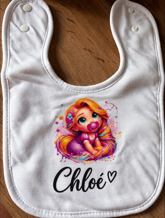 Bavoir bébé princesse raiponze personnalisée prénom fait main