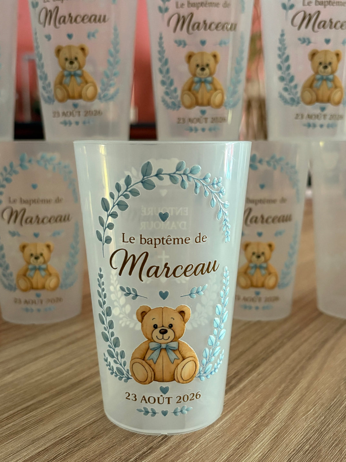 Gobelet Baptême Ourson Eucalyptus Personnalisé Prénom Date – Écocup Fait Main