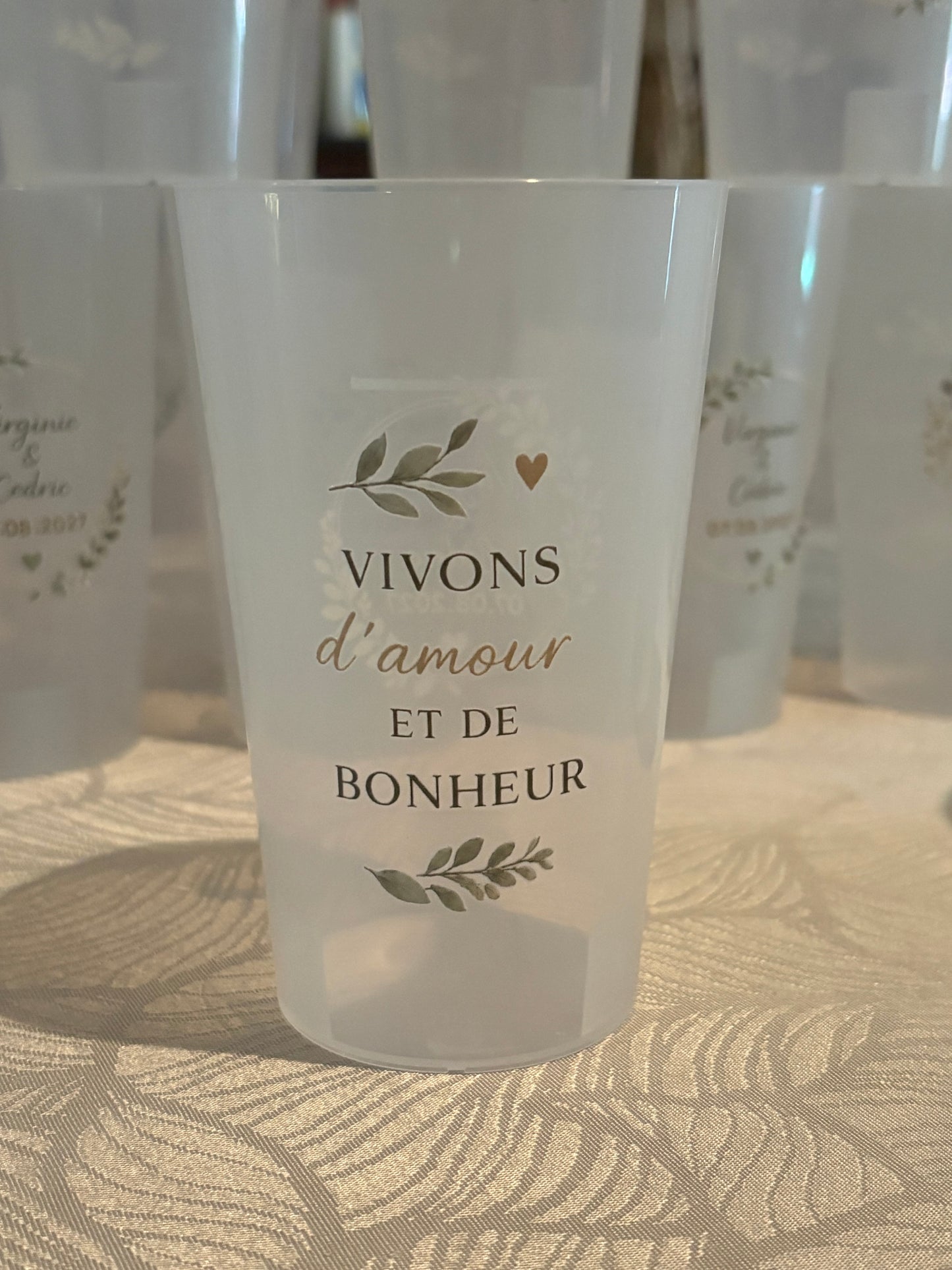 Gobelet personnalisé mariage vert et beige