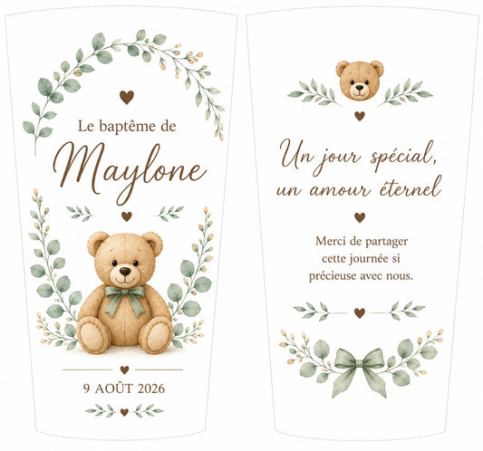 Gobelet personnalisé baptême Ourson & Eucalyptus – Écocup prénom et date