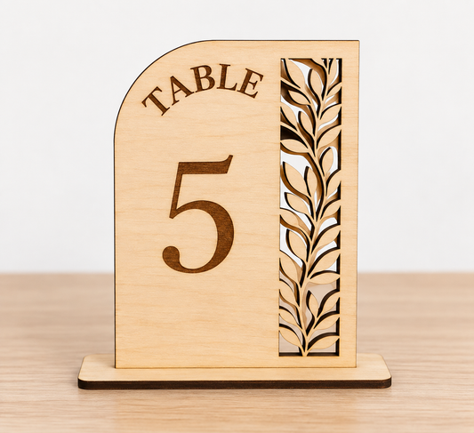 Numéro de Table Mariage en Bois – Décoration de Table Élégante avec Motif Feuillage