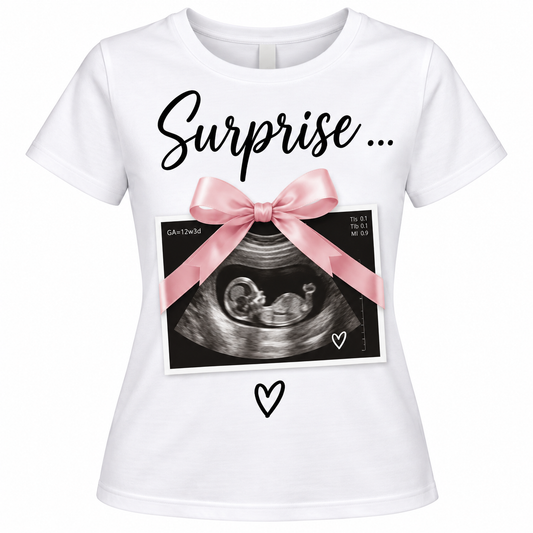 T-shirt Annonce Grossesse Femme – Surprise Bébé avec Échographie – Idée Annonce Future Maman