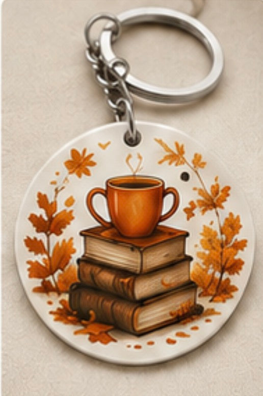 Porte-clé rond Café & Livres – Ambiance automnale cosy – Collection Automne