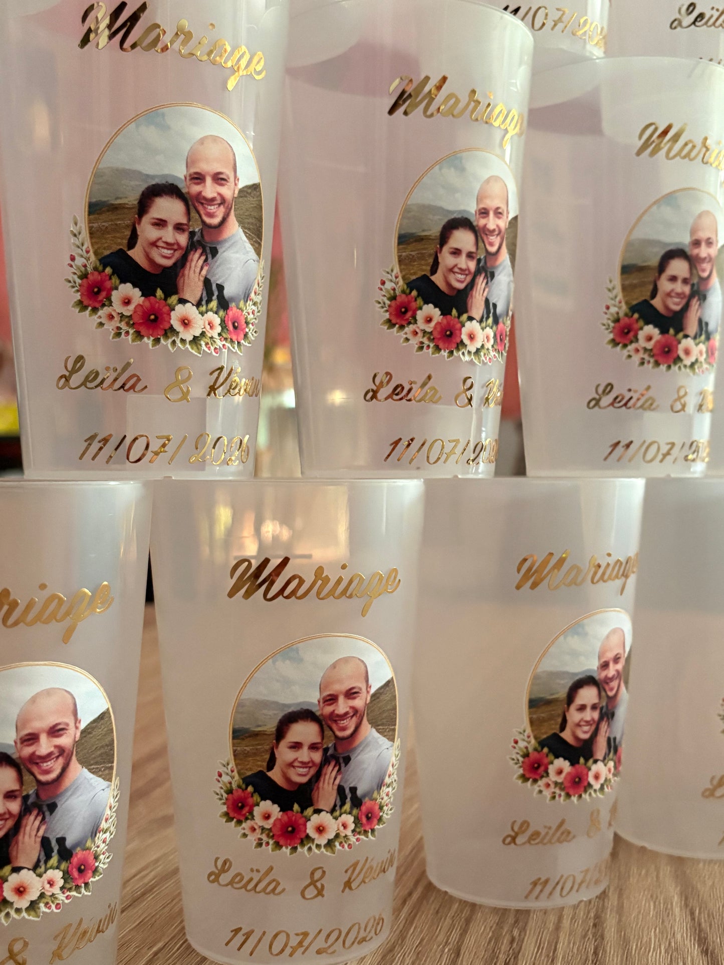 Gobelets personnalisés photo · Gobelet mariage photo · Cadeau personnalisé · Prénoms et date ·