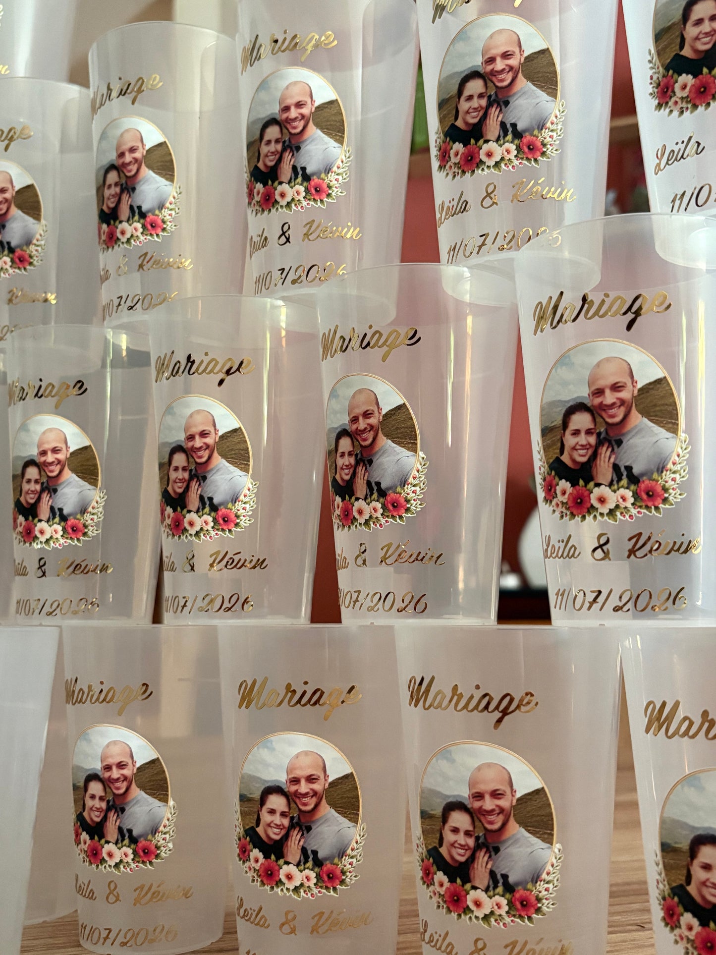 Gobelets personnalisés photo · Gobelet mariage photo · Cadeau personnalisé · Prénoms et date ·