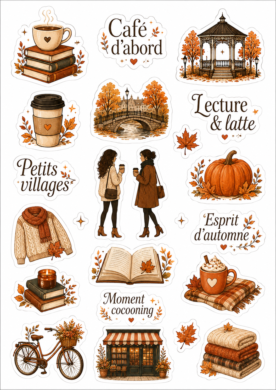 Planche de stickers automne cosy – Café, livres & petits villages – Ambiance Gilmore Girls