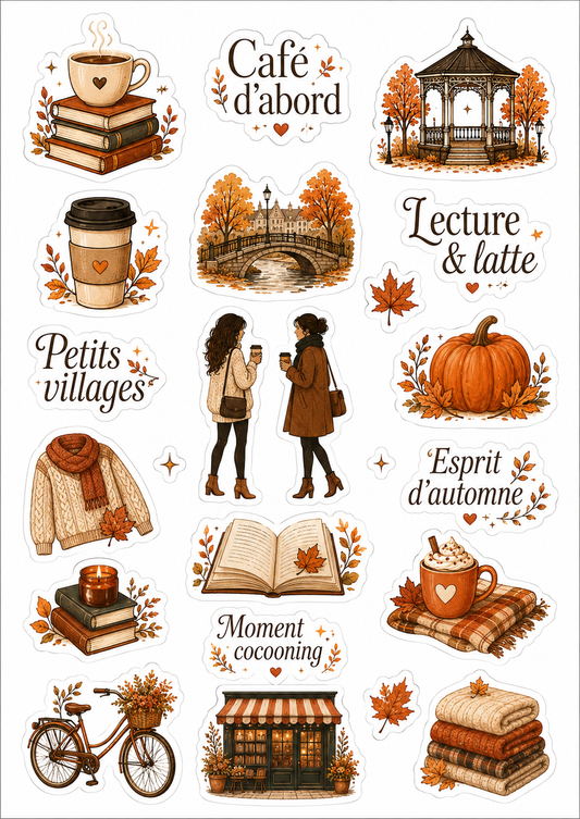 Planche de stickers automne cosy – Café, livres & petits villages – Ambiance Gilmore Girls