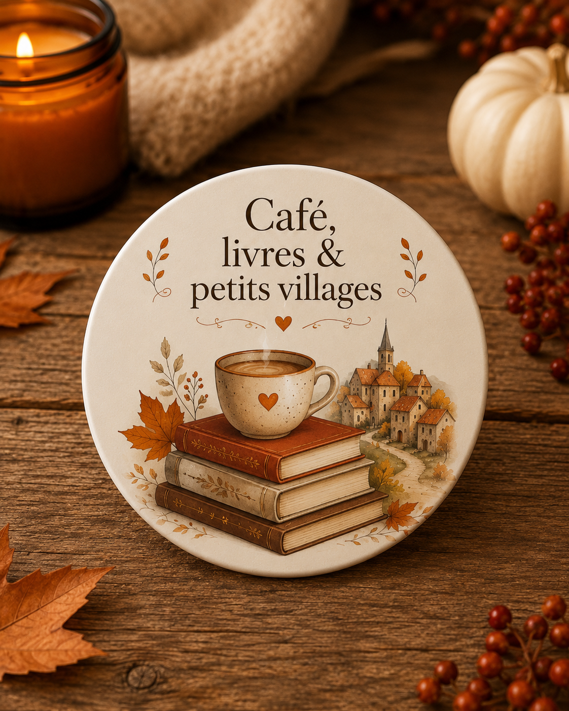 Sous-verre “Café, livres & petits villages”