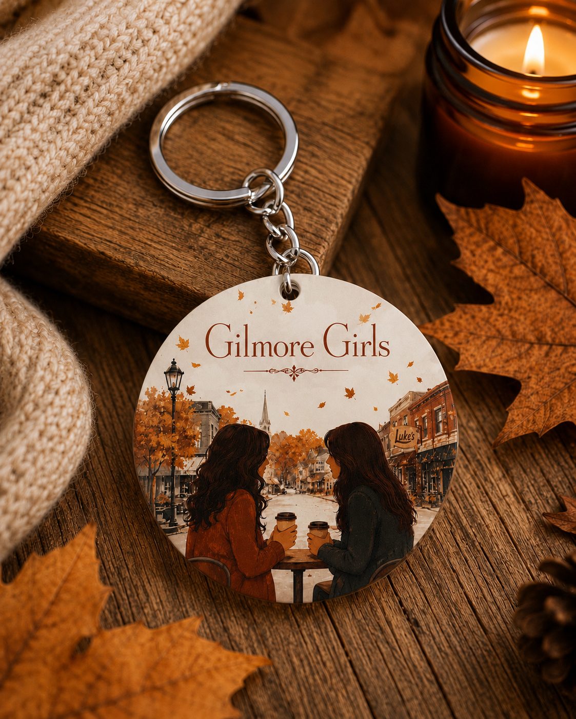 Porte-clé rond Gilmore Girls – Ambiance automnale & café – Collection Automne