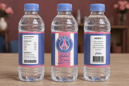 Petite bouteille d’eau personnalisée PSG – Prénom et âge | Anniversaire Football