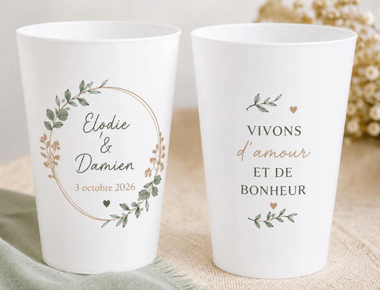 Gobelet Mariage Personnalisé Vert et Beige – Cadeau Invités Fait Main