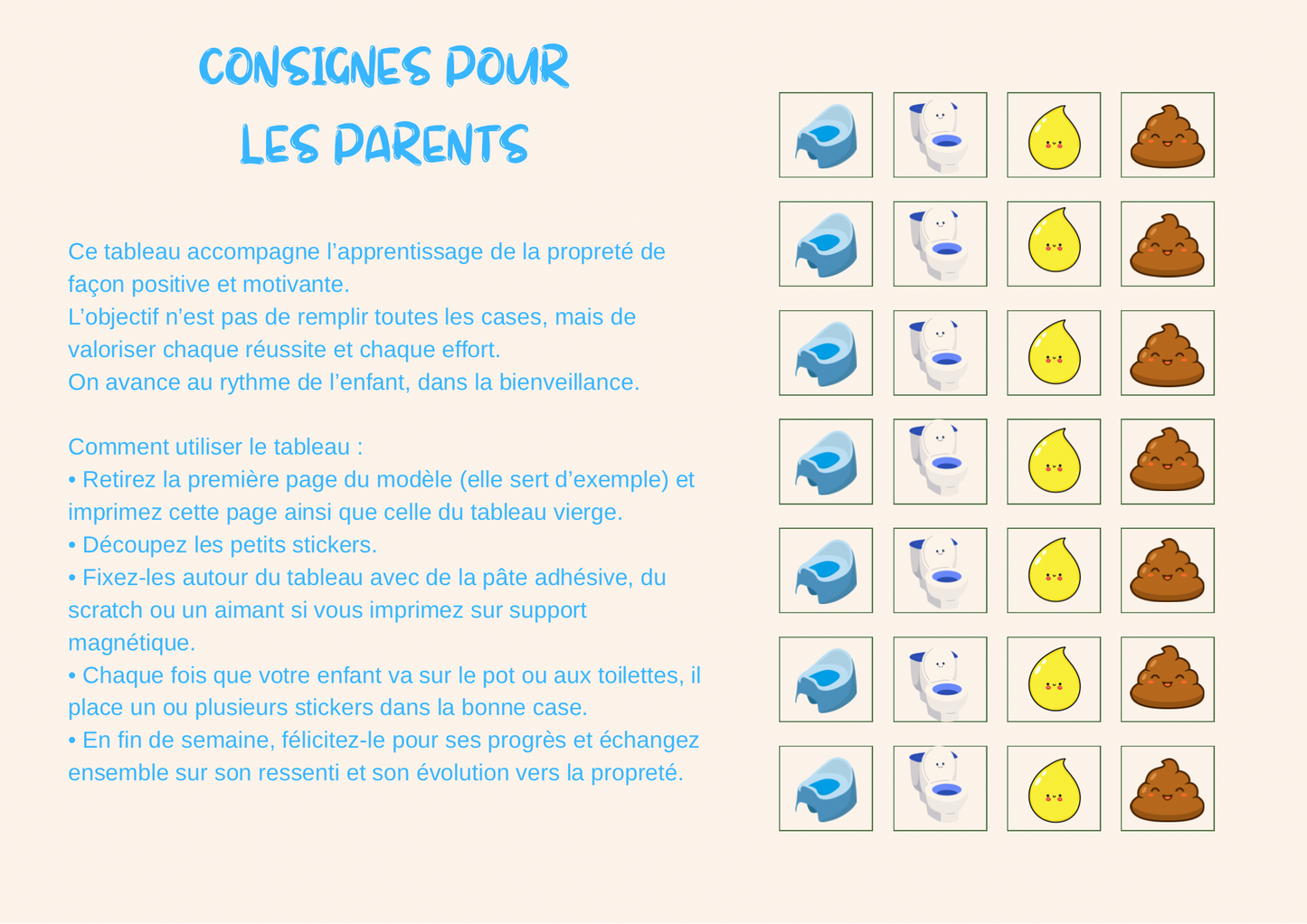 Tableau de propreté avec pictogrammes au prénom de l’enfant – Fait main