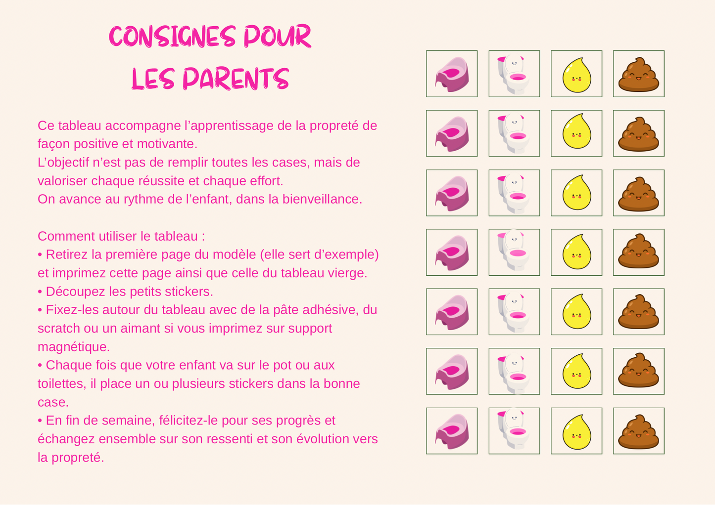 Tableau de propreté avec pictogrammes au prénom de l’enfant – Fait main