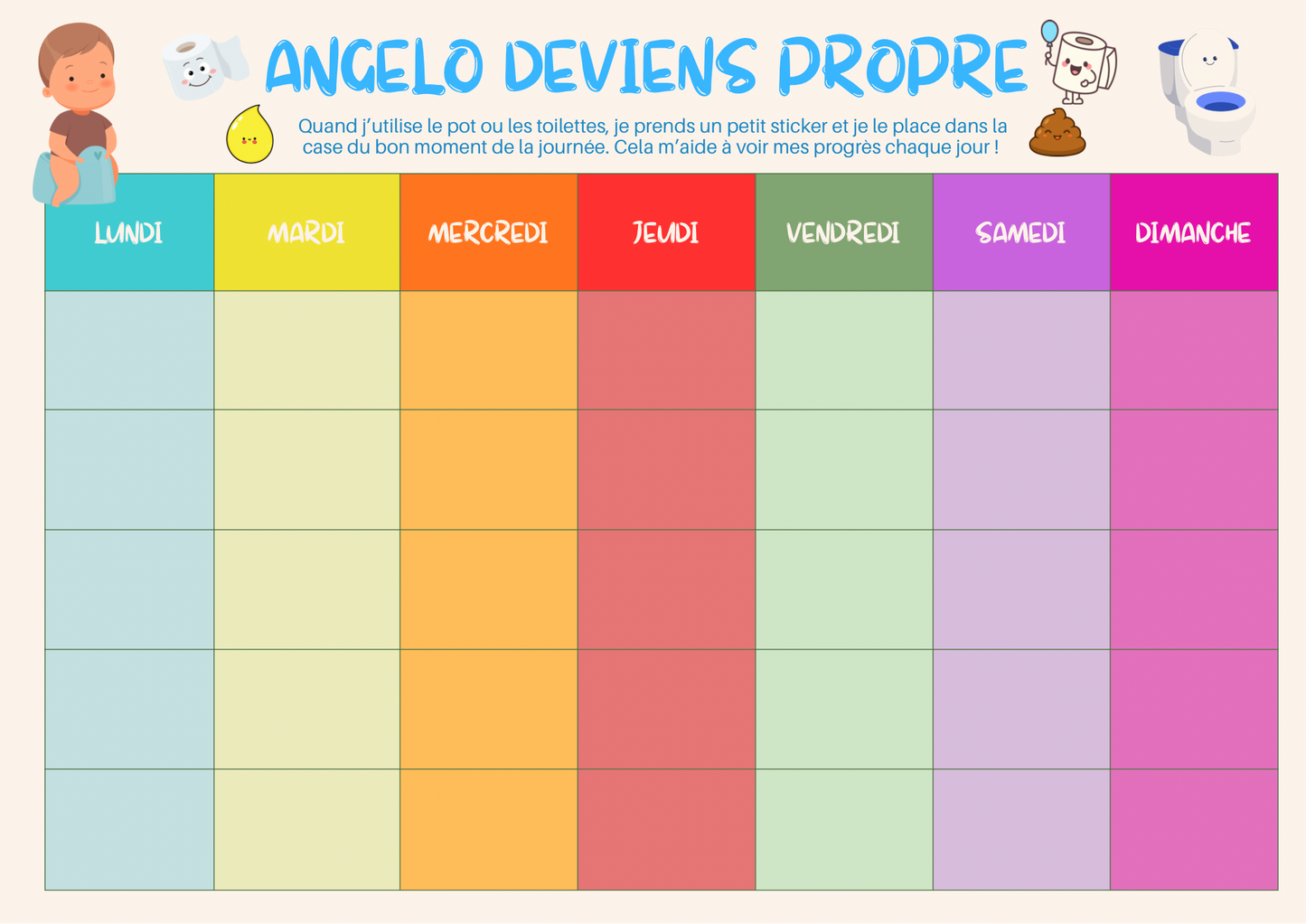 Tableau de propreté avec pictogrammes au prénom de l’enfant – Fait main