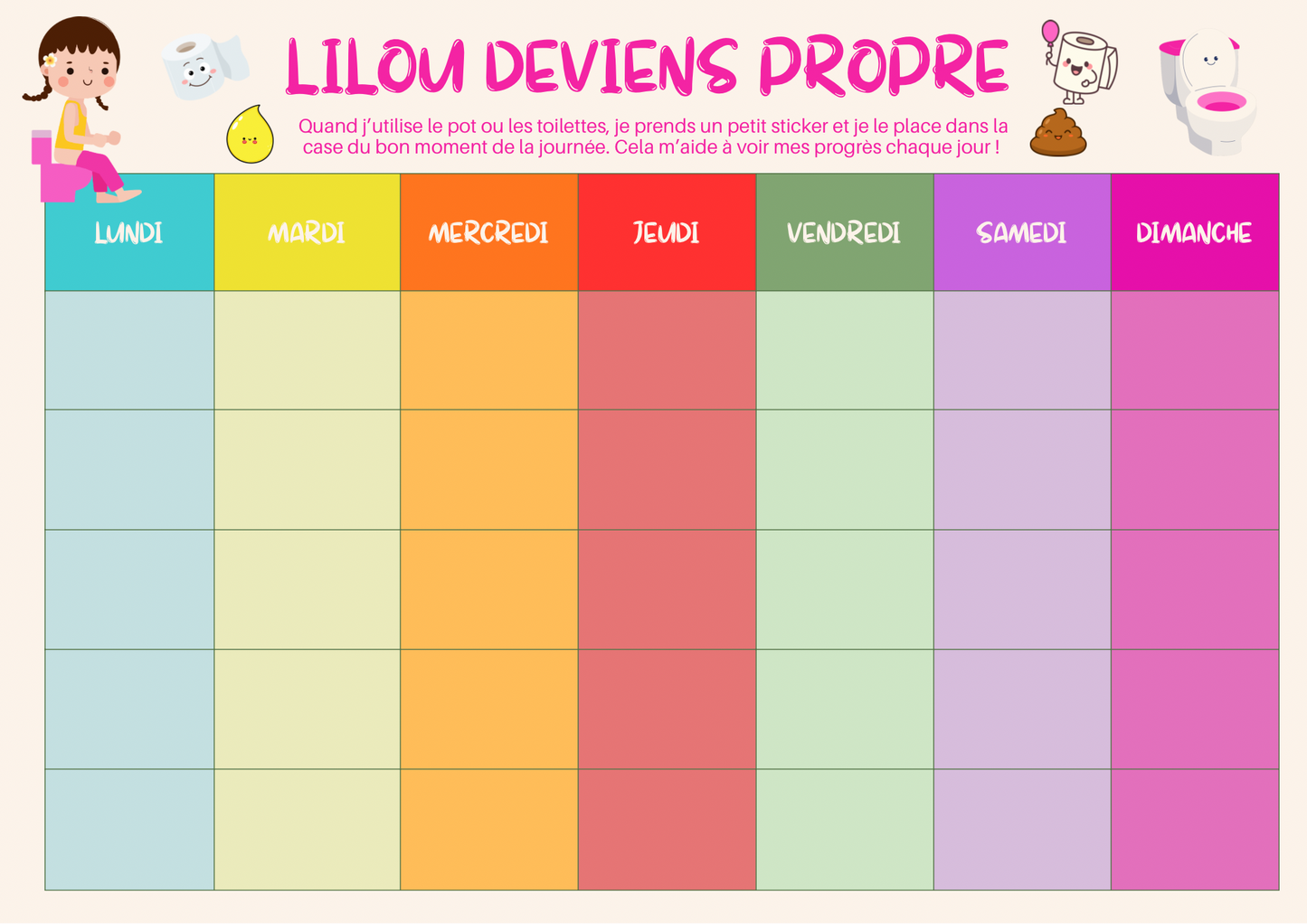 Tableau de propreté avec pictogrammes au prénom de l’enfant – Fait main