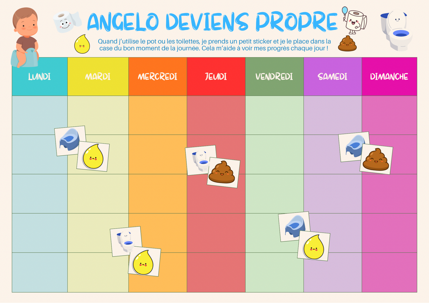 Tableau de propreté avec pictogrammes au prénom de l’enfant – Fait main