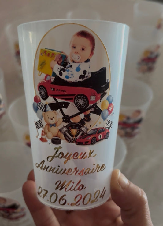 Gobelet Anniversaire Personnalisé avec Photo – Thème Ours & Voiture